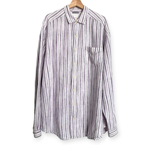 Tommy Bahama Relax 100% Linen Purple Striped Casual Button Down Shirt Men's XLT - Picture 1 of 9